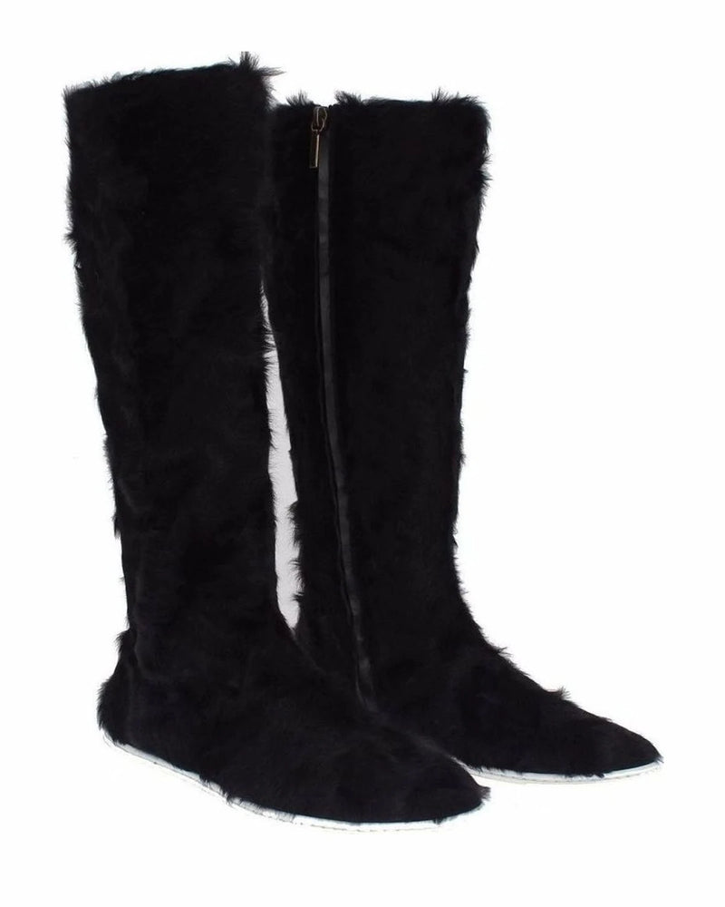 Dolce & Gabbana Black Elegant Fur Leather Flat Sneaker Boots Boots