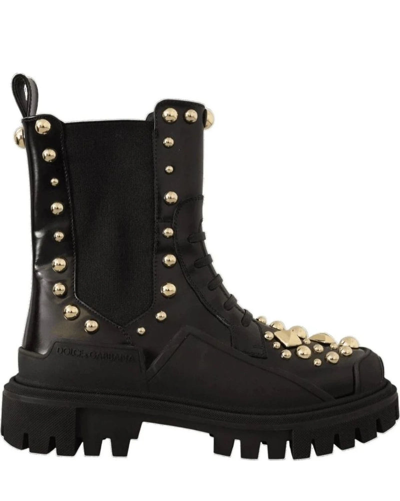 Dolce & Gabbana Studded Embroidered Leather Combat Boots Boots