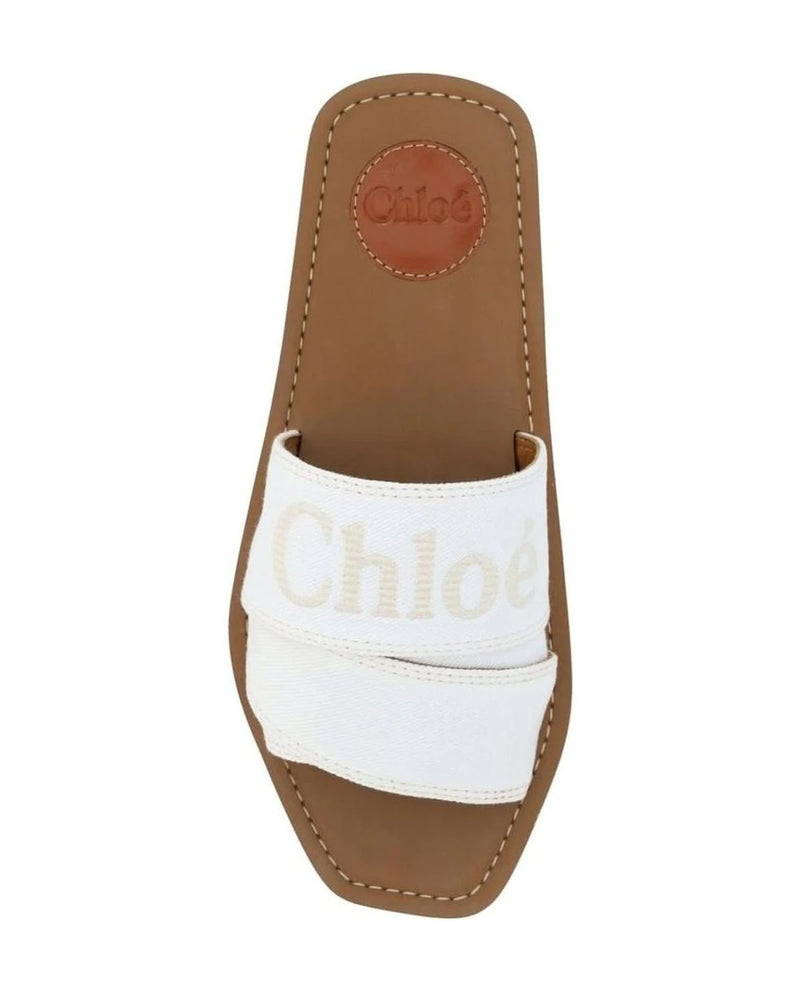 Chloé Elegant White Cotton Slide Sandals Flats