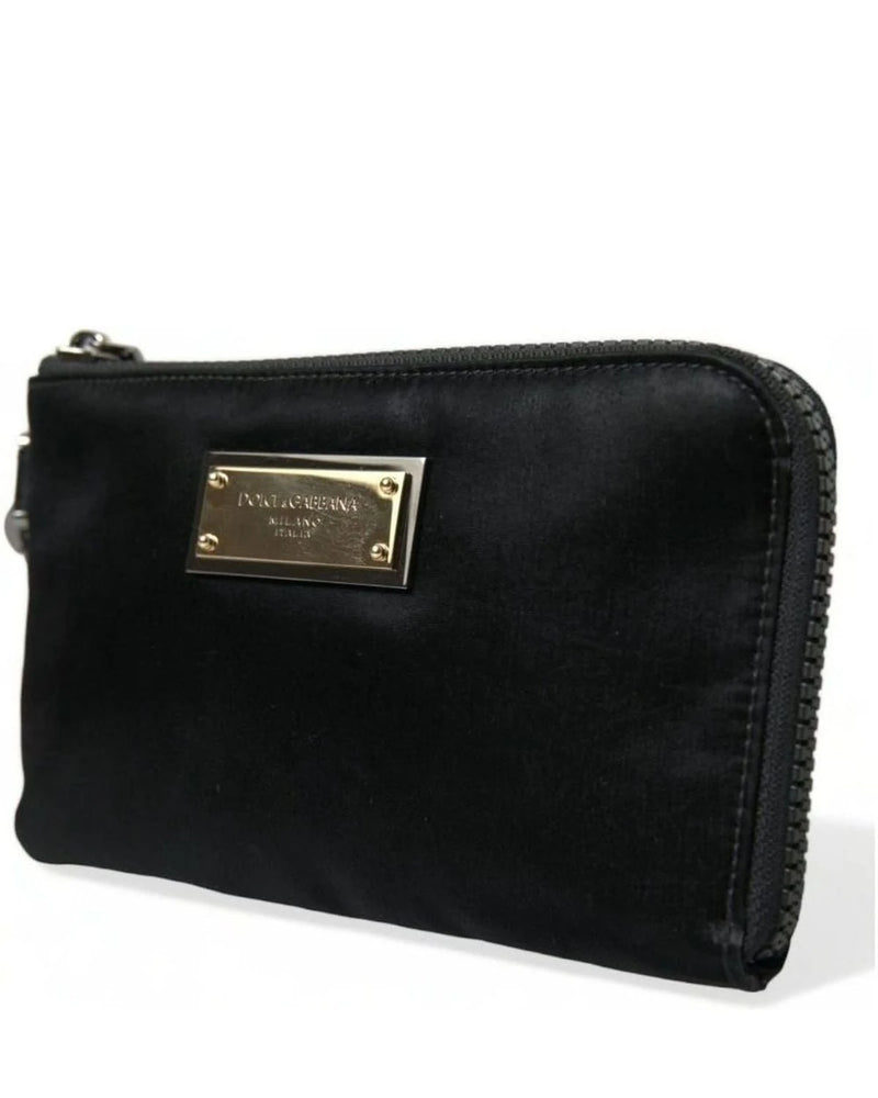 Dolce & Gabbana Black Nylon Leather Pouch With Decorative Details Clutch Bags