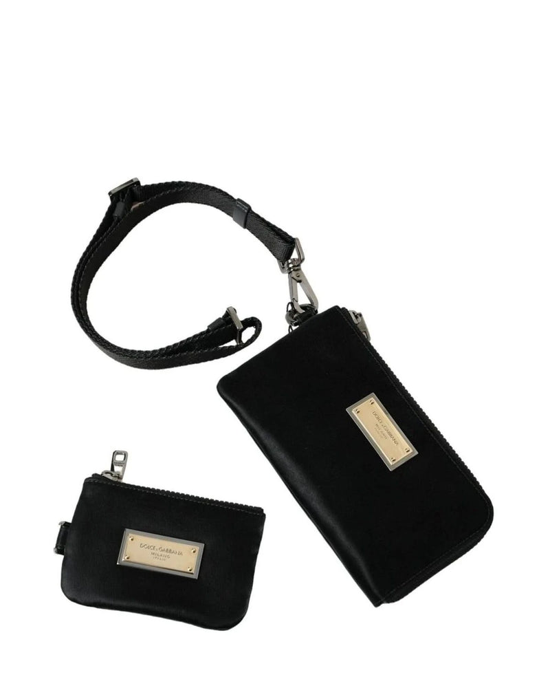 Dolce & Gabbana Black Nylon Leather Pouch With Decorative Details Clutch Bags