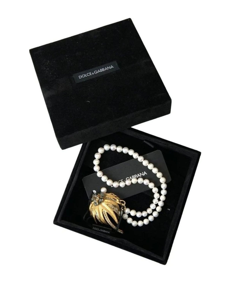 Dolce & Gabbana Gold Brass Crystal Pearl Tree Pendant Charm Necklace Necklaces