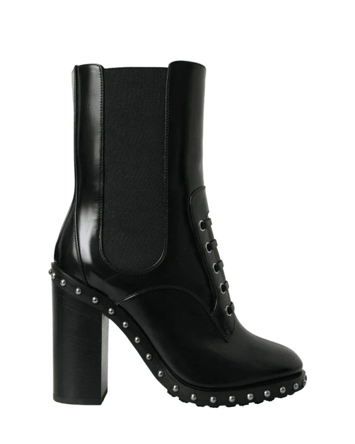 Dolce & Gabbana Black Leather Studded Lace Up Boots Shoes Boots