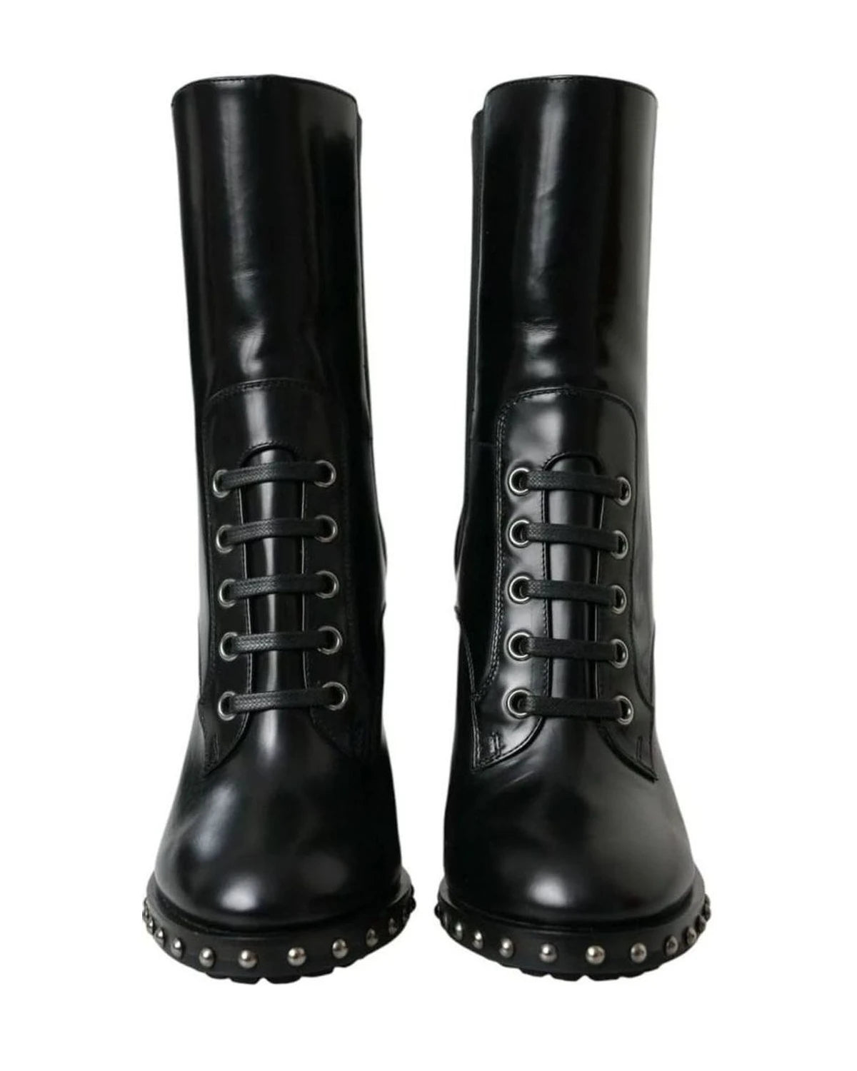 Dolce & Gabbana Black Leather Studded Lace Up Boots Shoes Boots