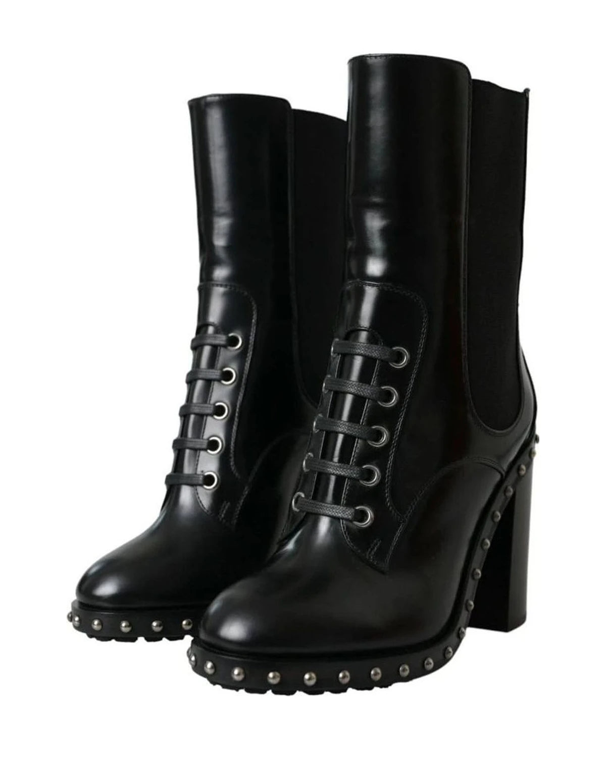 Dolce & Gabbana Black Leather Studded Lace Up Boots Shoes Boots
