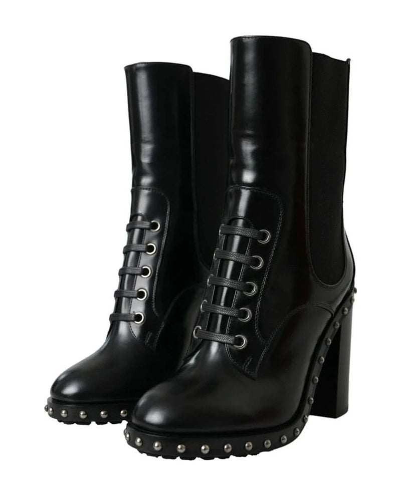 Dolce & Gabbana Black Leather Studded Lace Up Boots Shoes Boots