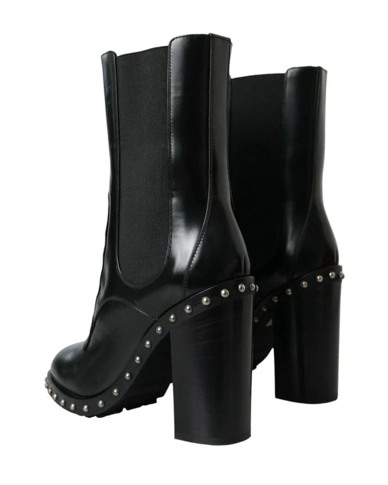 Dolce & Gabbana Black Leather Studded Lace Up Boots Shoes Boots