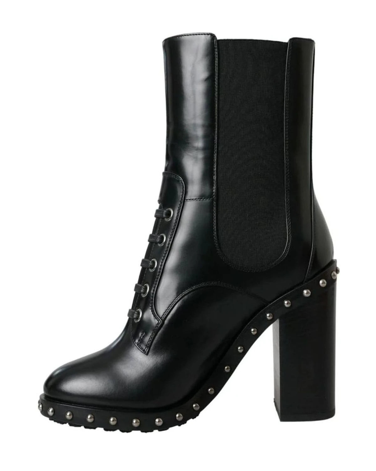 Dolce & Gabbana Black Leather Studded Lace Up Boots Shoes Boots