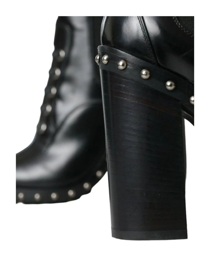 Dolce & Gabbana Black Leather Studded Lace Up Boots Shoes Boots