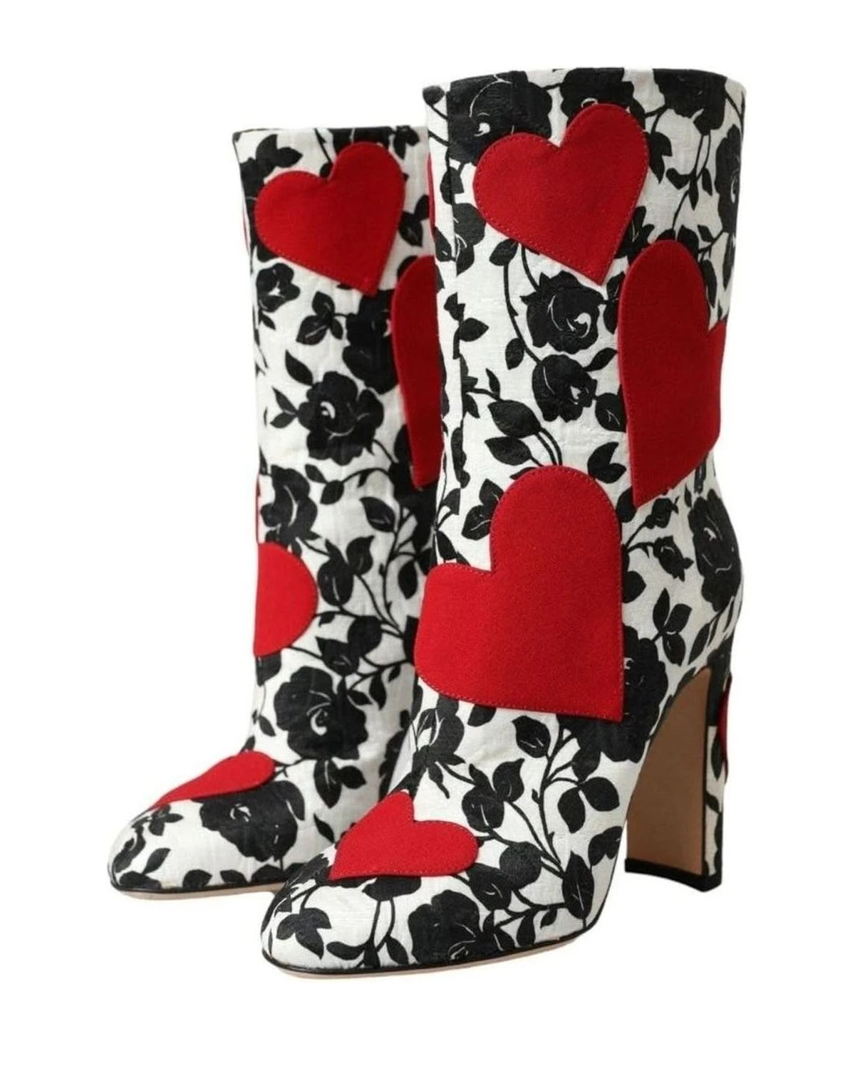 Dolce & Gabbana White Floral Hearts Leather High Boots Shoes Boots
