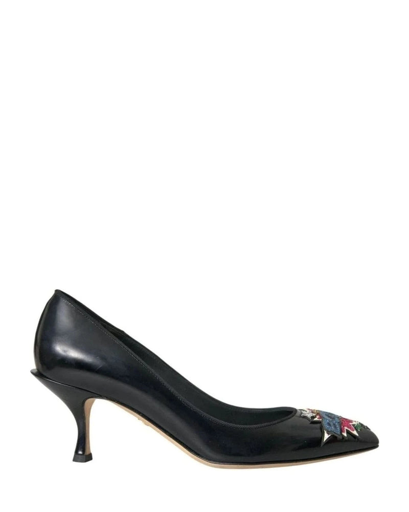 Dolce & Gabbana Black Leather Boom Patch Heels Pumps Shoes Heels