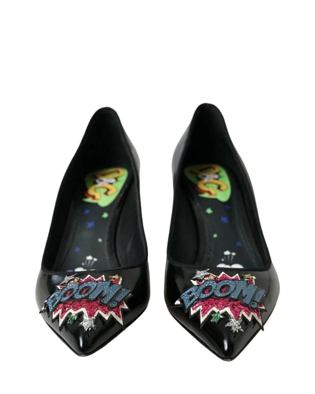 Dolce & Gabbana Black Leather Boom Patch Heels Pumps Shoes Heels