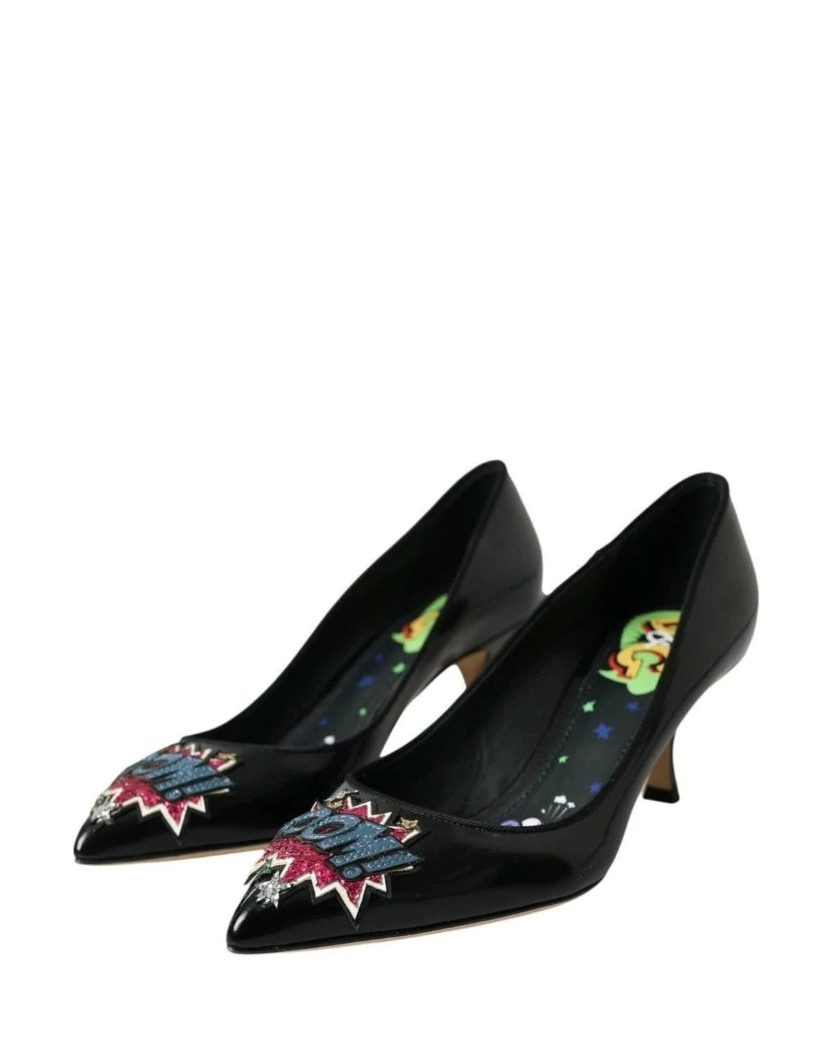 Dolce & Gabbana Black Leather Boom Patch Heels Pumps Shoes Heels