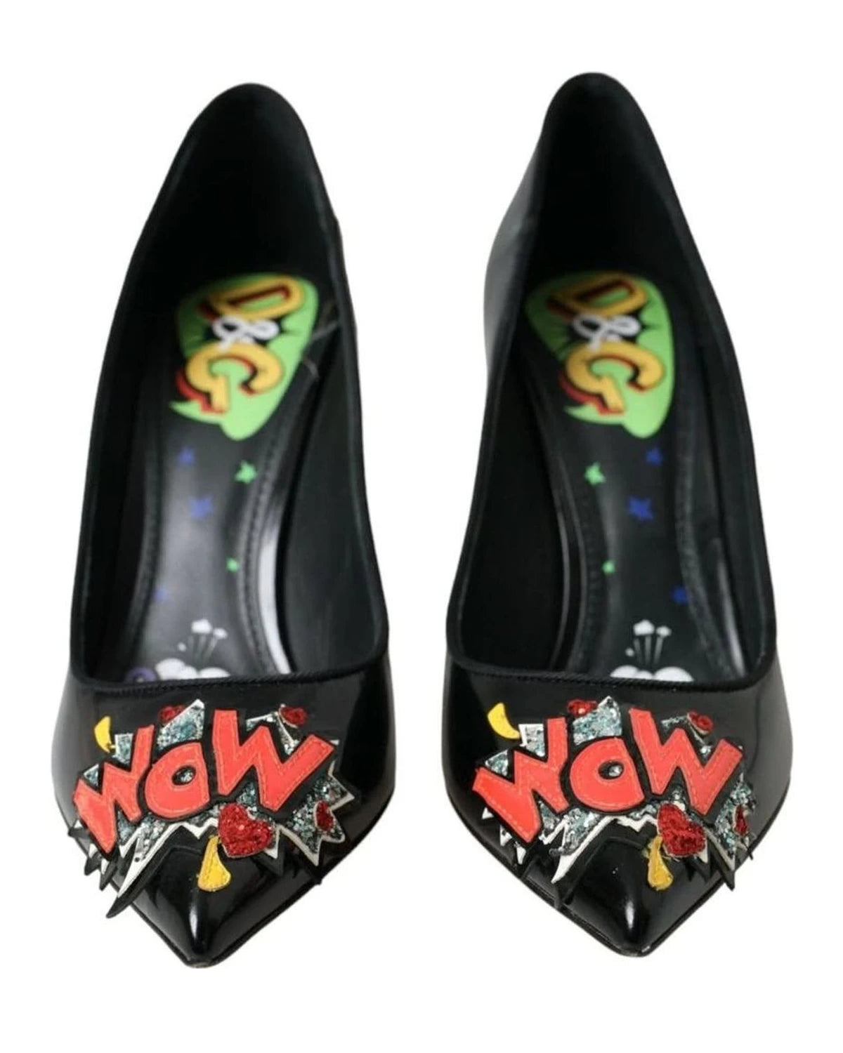 Dolce & Gabbana Black Leather Wow Patch Heels Pumps Shoes Heels