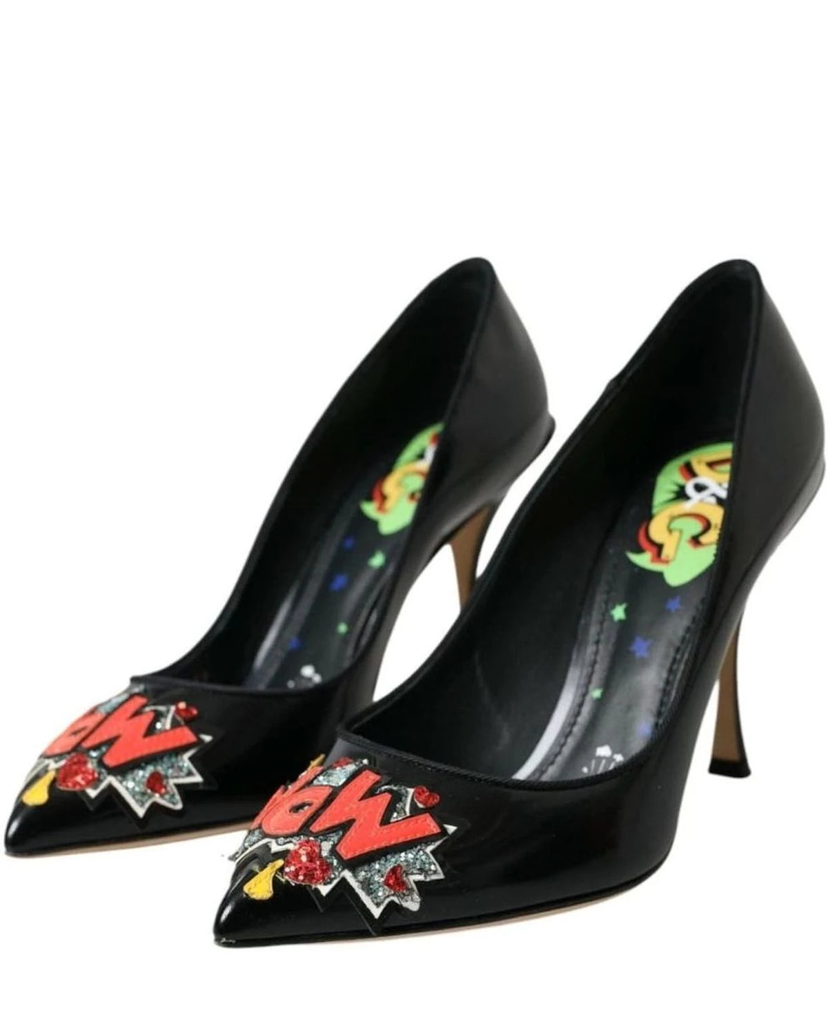 Dolce & Gabbana Black Leather Wow Patch Heels Pumps Shoes Heels