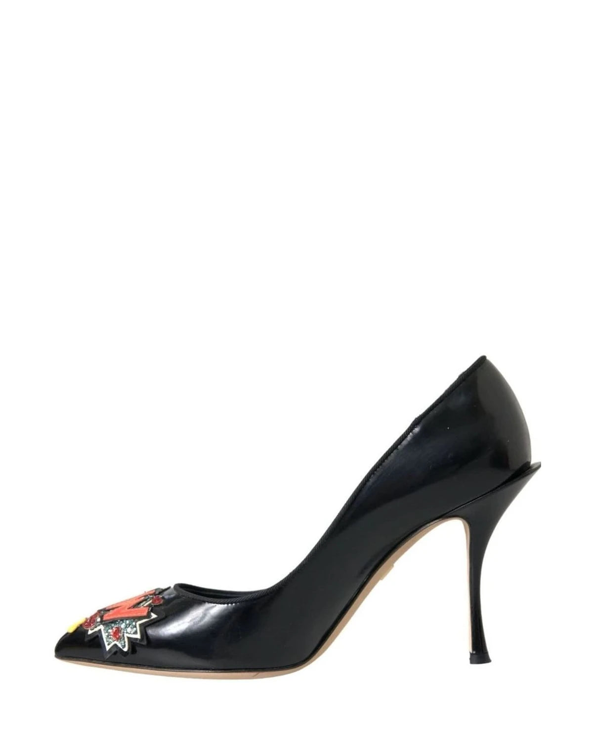 Dolce & Gabbana Black Leather Wow Patch Heels Pumps Shoes Heels