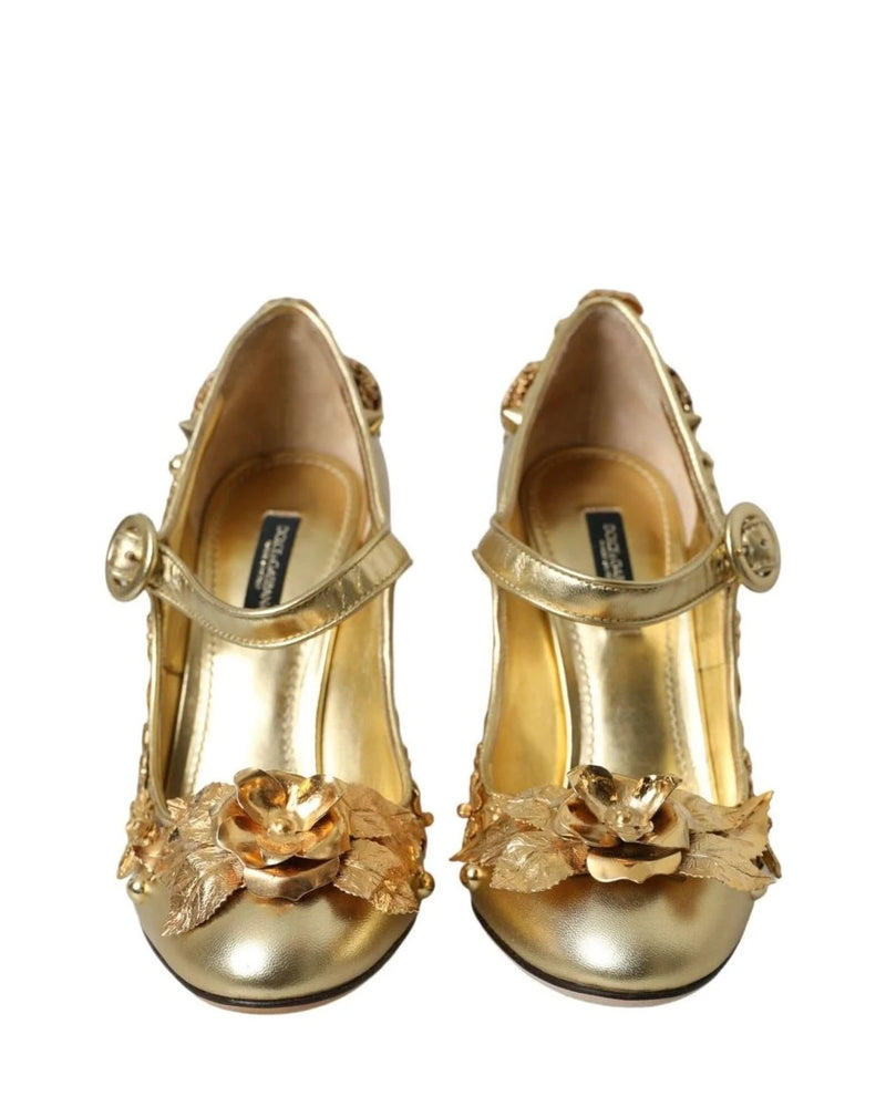 Dolce & Gabbana Gold Leather Crystal Mary Janes Pumps Shoes Heels