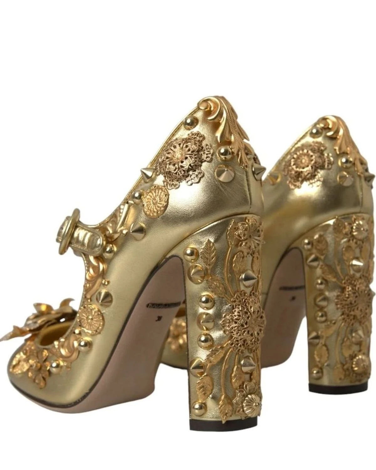 Dolce & Gabbana Gold Leather Crystal Mary Janes Pumps Shoes Heels