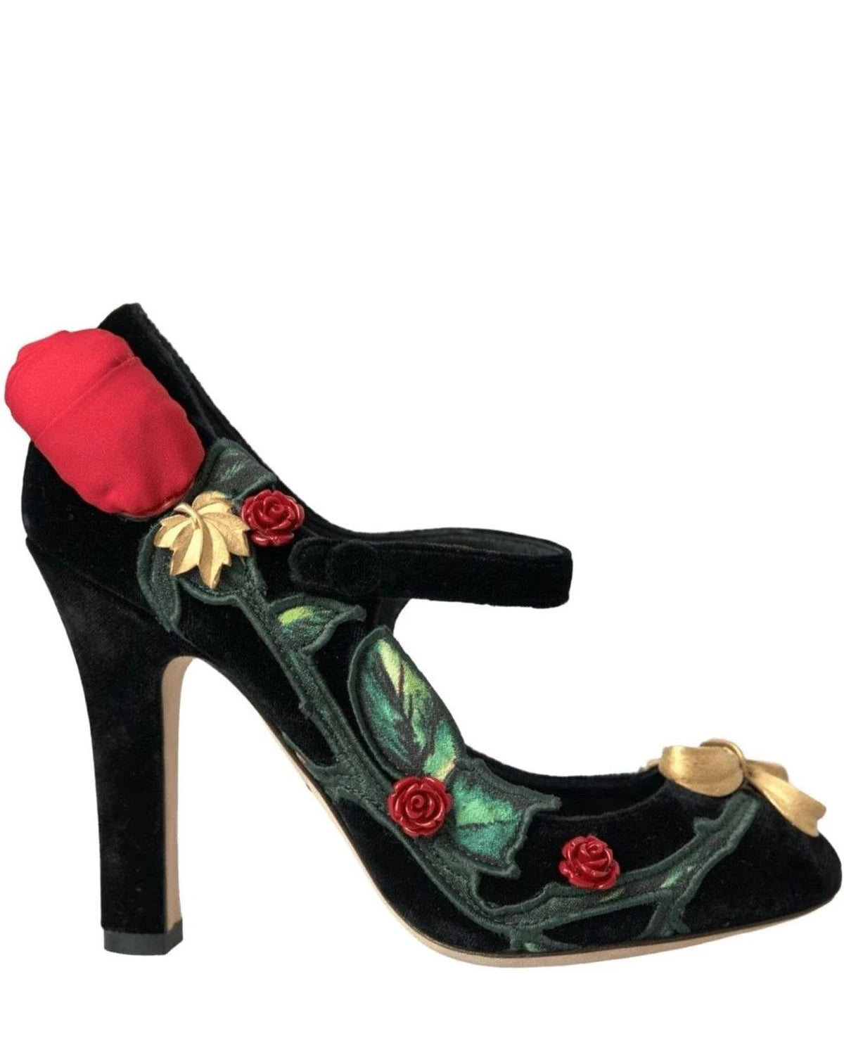 Dolce & Gabbana Black Roses Crystal Brooch Mary Jane Shoes Heels