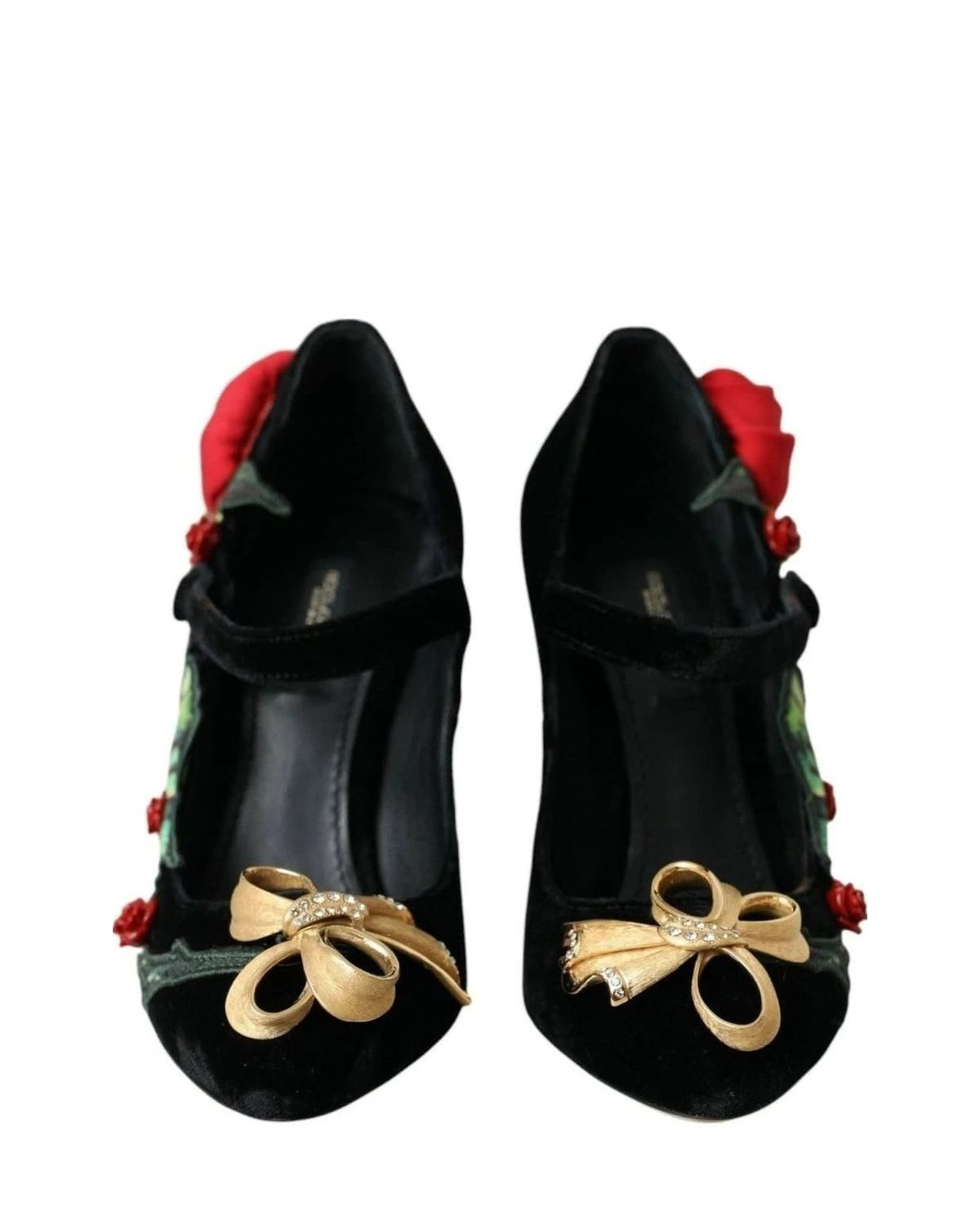 Dolce & Gabbana Black Roses Crystal Brooch Mary Jane Shoes Heels