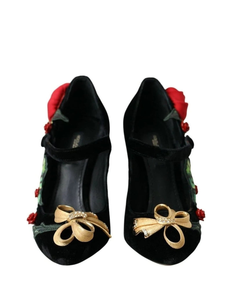Dolce & Gabbana Black Roses Crystal Brooch Mary Jane Shoes Heels