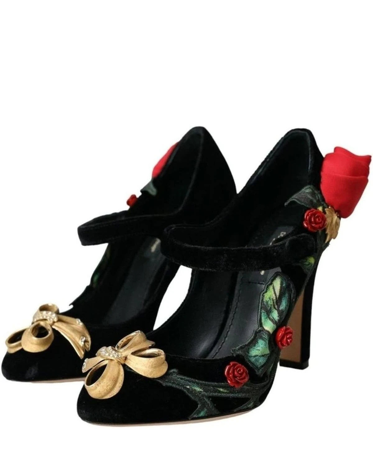 Dolce & Gabbana Black Roses Crystal Brooch Mary Jane Shoes Heels