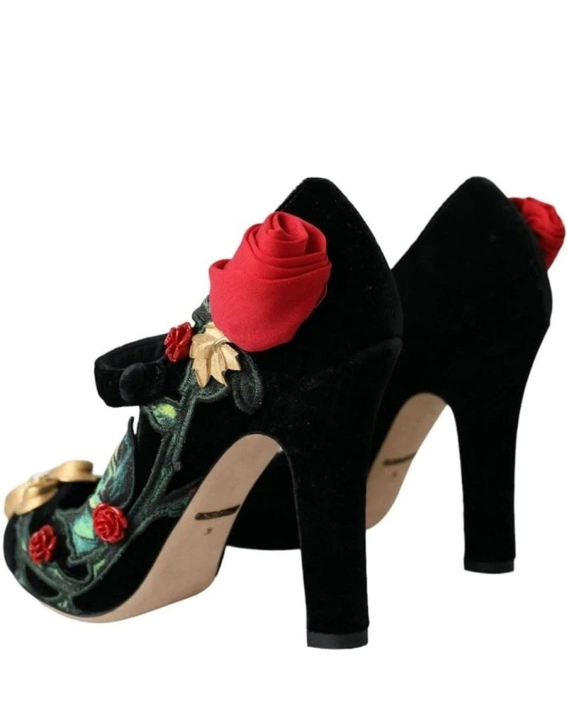 Dolce & Gabbana Black Roses Crystal Brooch Mary Jane Shoes Heels