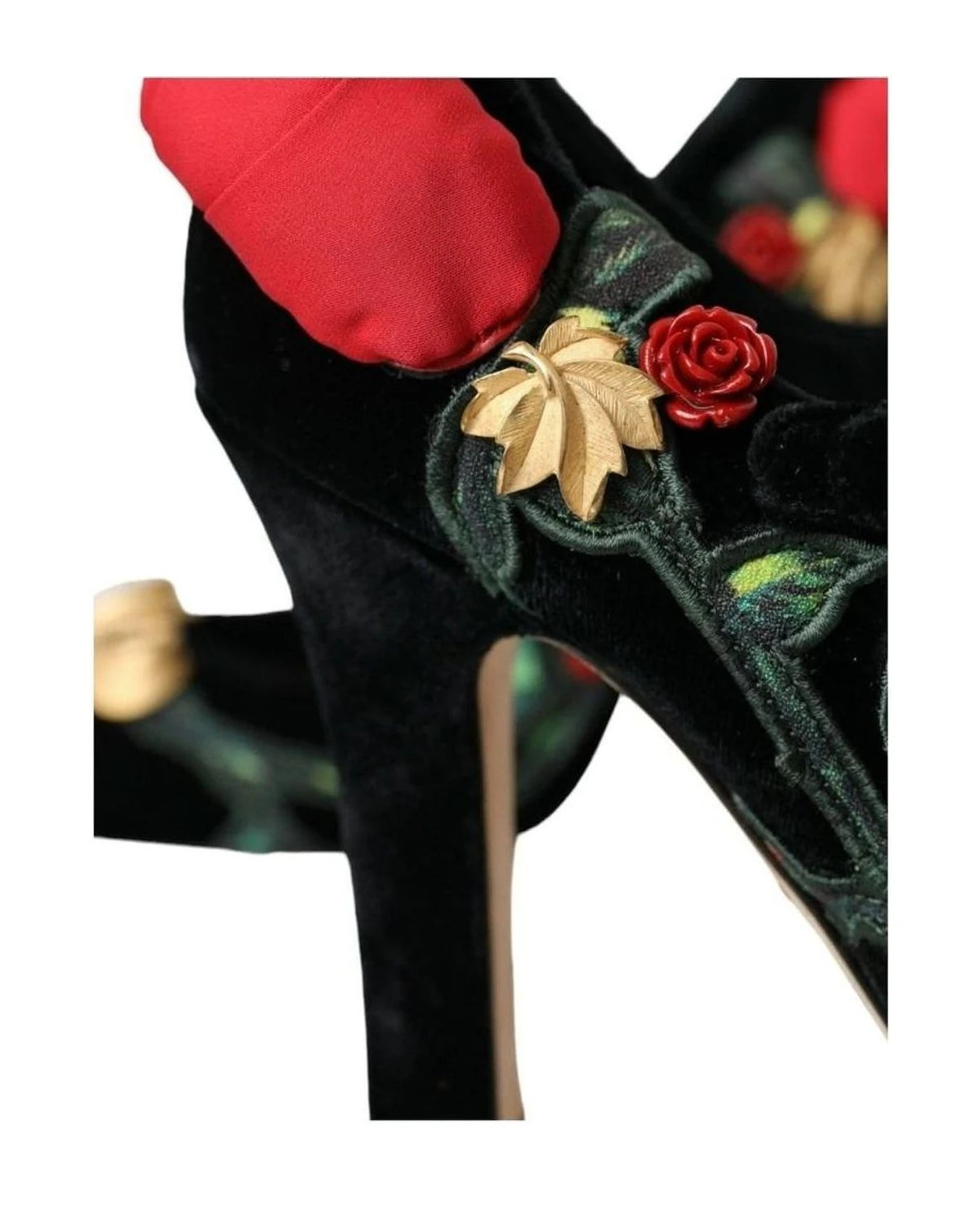 Dolce & Gabbana Black Roses Crystal Brooch Mary Jane Shoes Heels