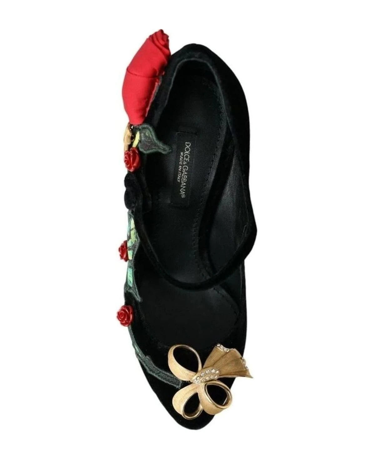 Dolce & Gabbana Black Roses Crystal Brooch Mary Jane Shoes Heels
