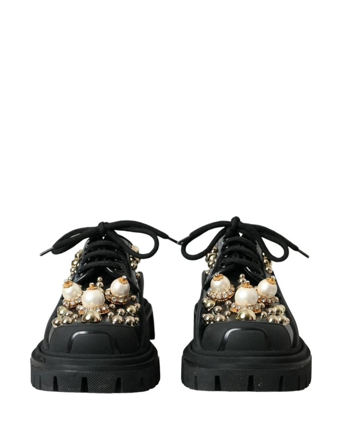 Dolce & Gabbana Black Leather Trekking Derby Embellished Shoes Boots
