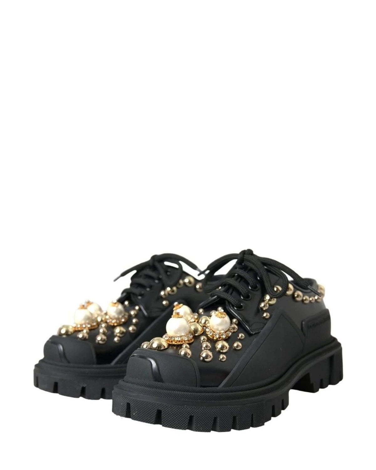 Dolce & Gabbana Black Leather Trekking Derby Embellished Shoes Boots