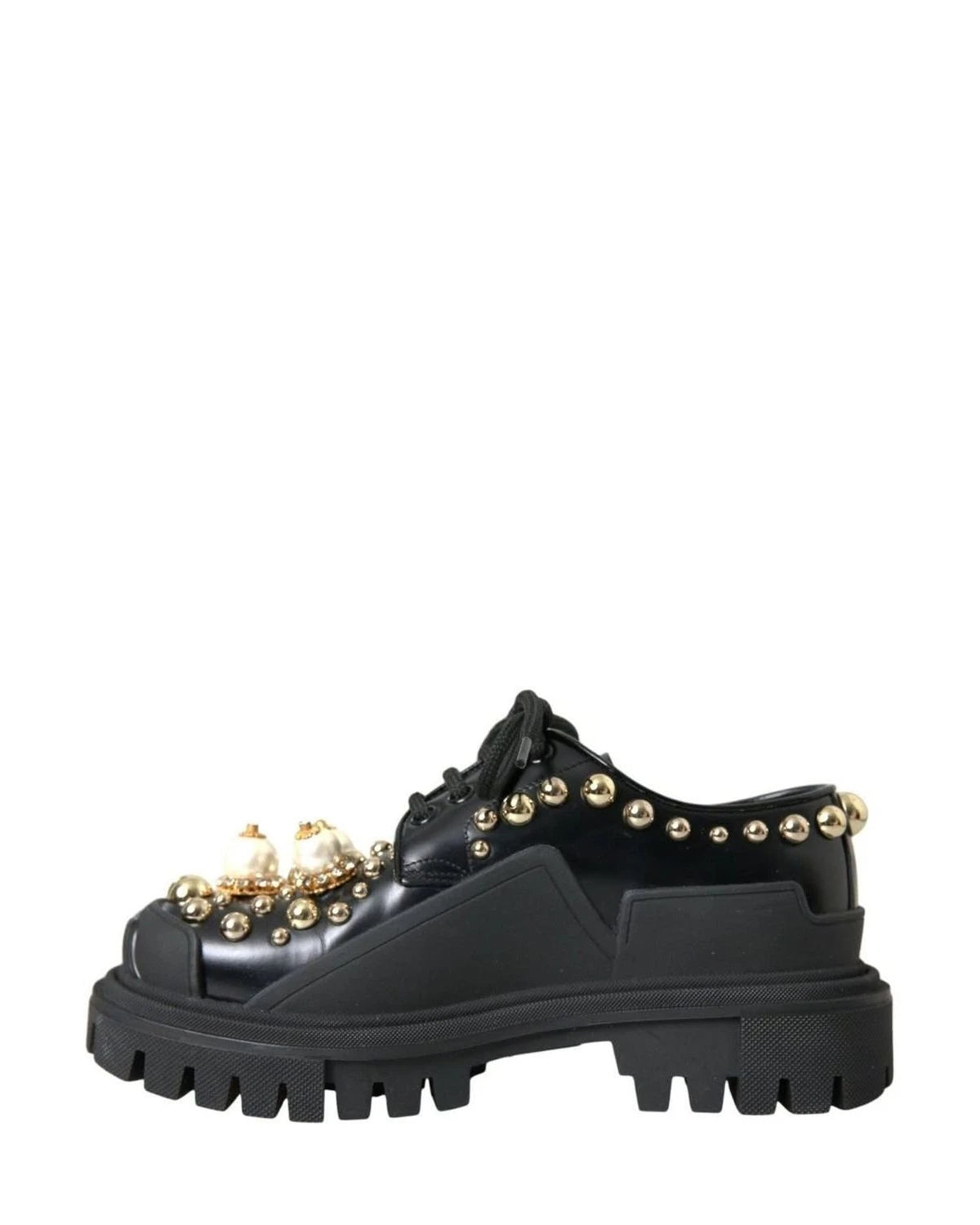 Dolce & Gabbana Black Leather Trekking Derby Embellished Shoes Boots
