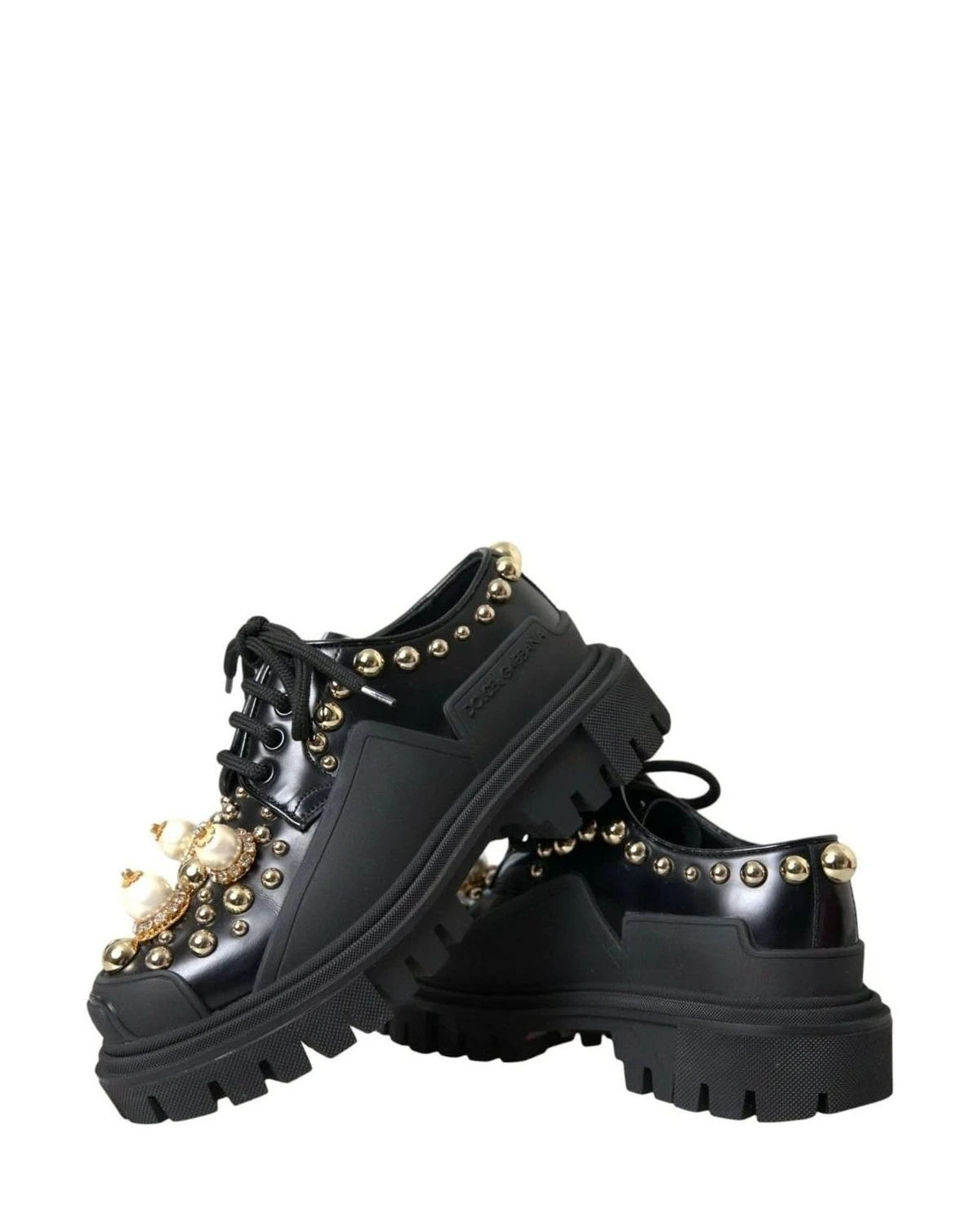 Dolce & Gabbana Black Leather Trekking Derby Embellished Shoes Boots