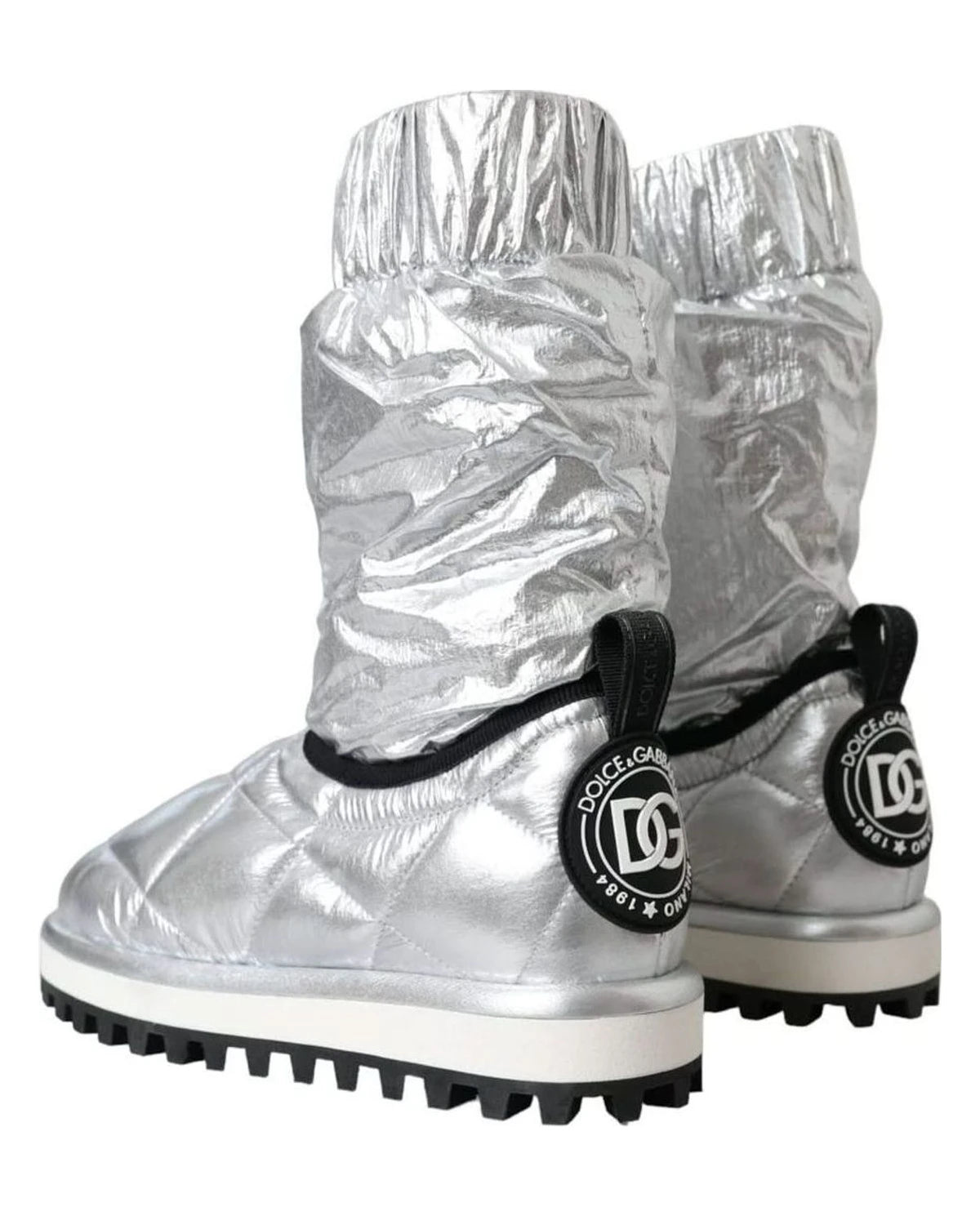 Dolce & Gabbana Silver Metallic Quilted Logo Patch Boot Shoes Boots