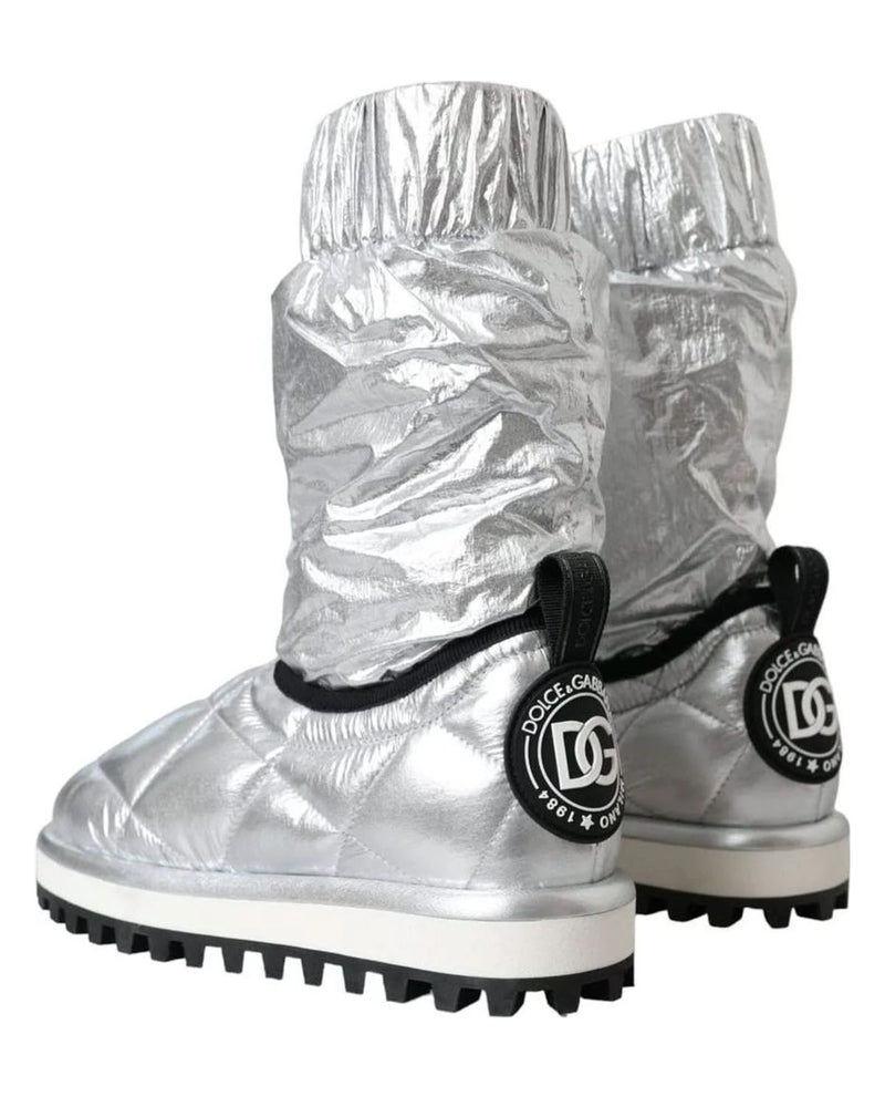 Dolce & Gabbana Silver Metallic Quilted Logo Patch Boot Shoes Boots