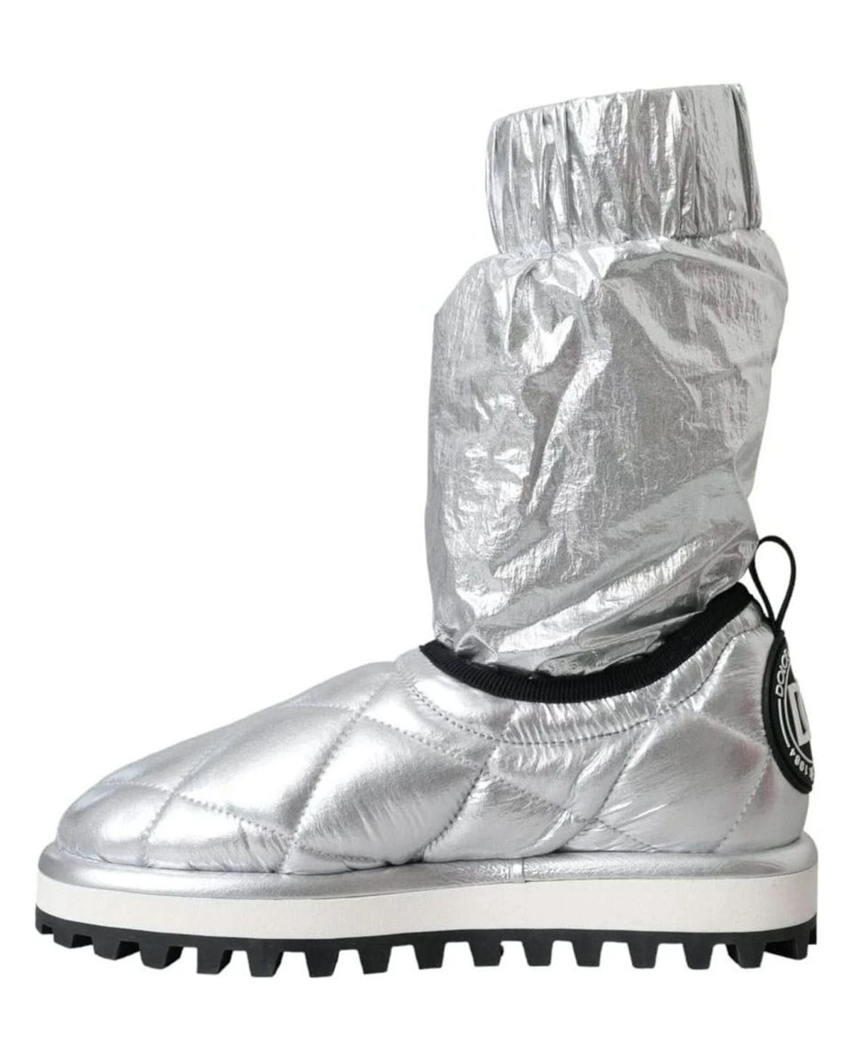 Dolce & Gabbana Silver Metallic Quilted Logo Patch Boot Shoes Boots