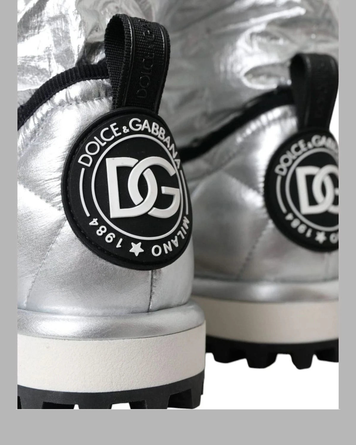 Dolce & Gabbana Silver Metallic Quilted Logo Patch Boot Shoes Boots