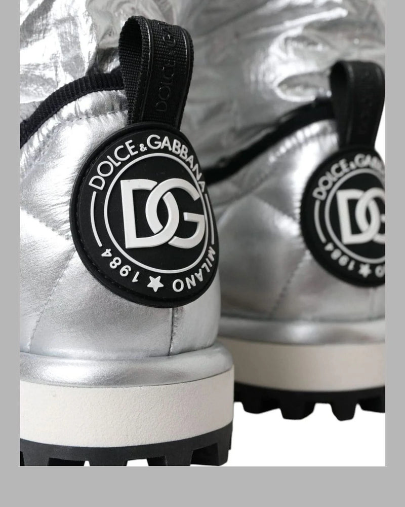 Dolce & Gabbana Silver Metallic Quilted Logo Patch Boot Shoes Boots