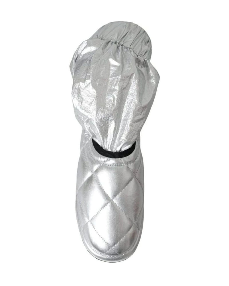 Dolce & Gabbana Silver Metallic Quilted Logo Patch Boot Shoes Boots