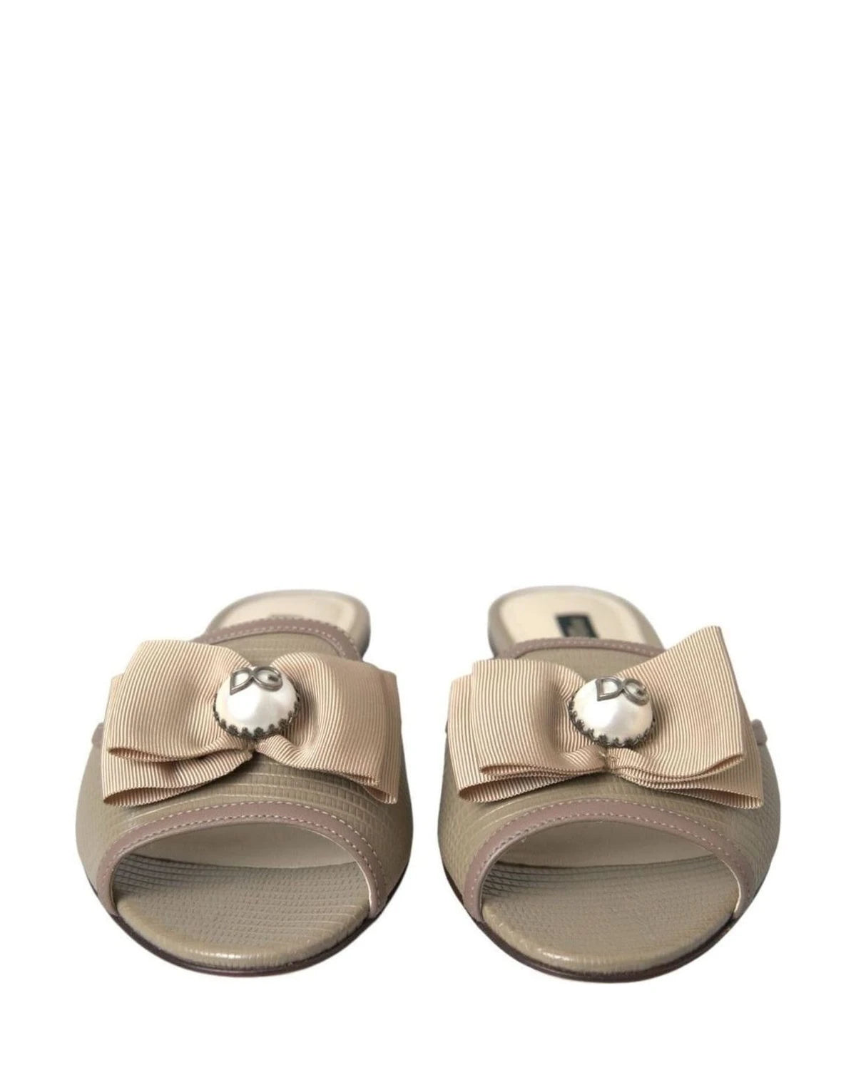 Dolce & Gabbana Beige Logo Pearl Flats Sandals Slides Shoes Flats