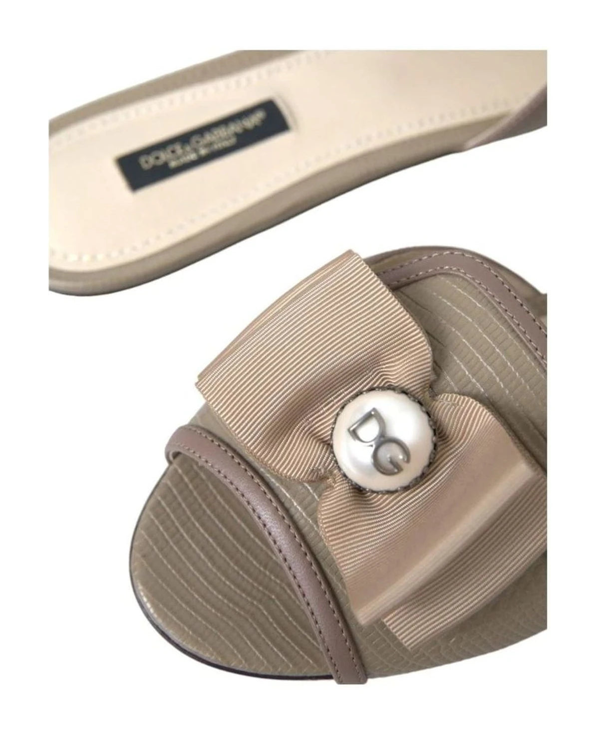 Dolce & Gabbana Beige Logo Pearl Flats Sandals Slides Shoes Flats