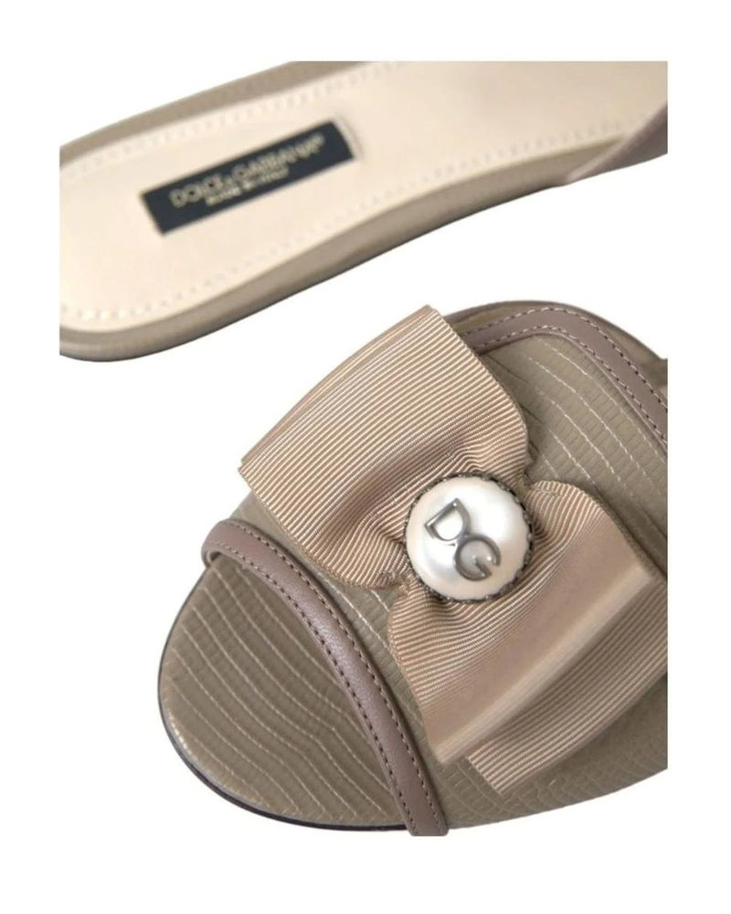 Dolce & Gabbana Beige Logo Pearl Flats Sandals Slides Shoes Flats