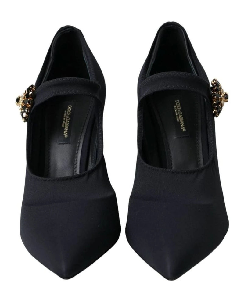 Dolce & Gabbana Black Mary Jane Jersey Crystal Pumps Shoes Heels