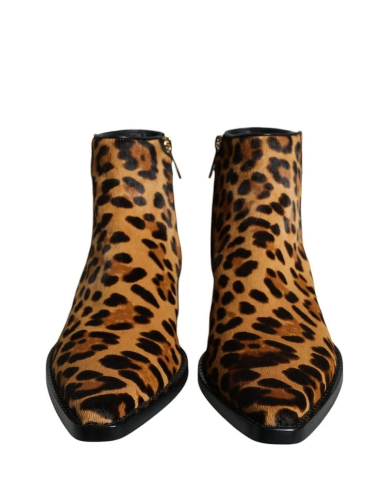 Dolce & Gabbana Brown Leopard Calf Fur Ankle Boots Shoes Boots