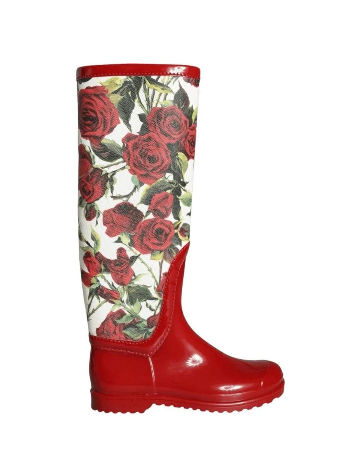 Dolce & Gabbana Red Floral Rubber Knee High Flat Boots Shoes