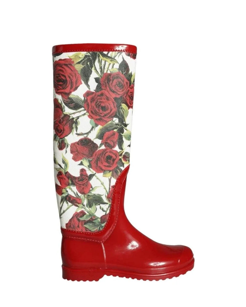 Dolce & Gabbana Red Floral Rubber Knee High Flat Boots Shoes Boots