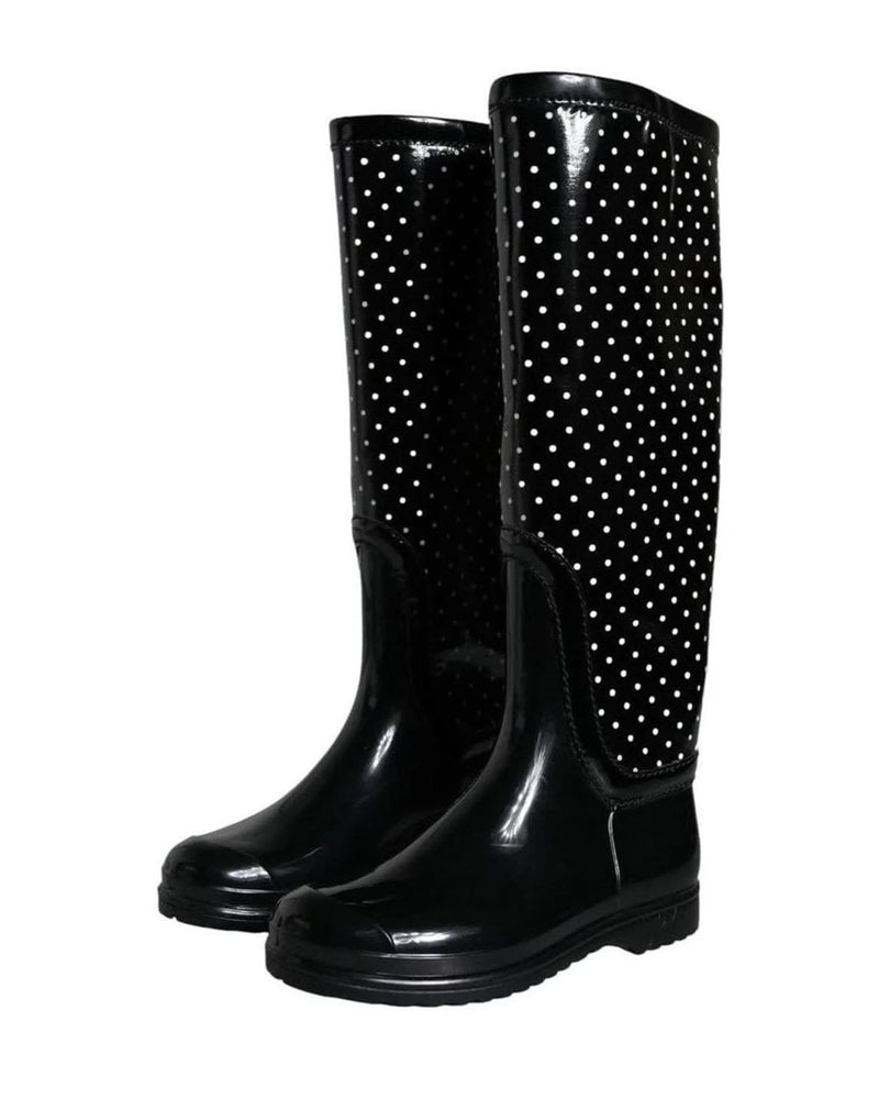 Dolce & Gabbana Black Polka Dot Rubber Knee High Boots Shoes Boots