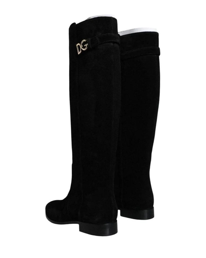Dolce & Gabbana Black Suede Leather Knee High Boots Shoes Boots