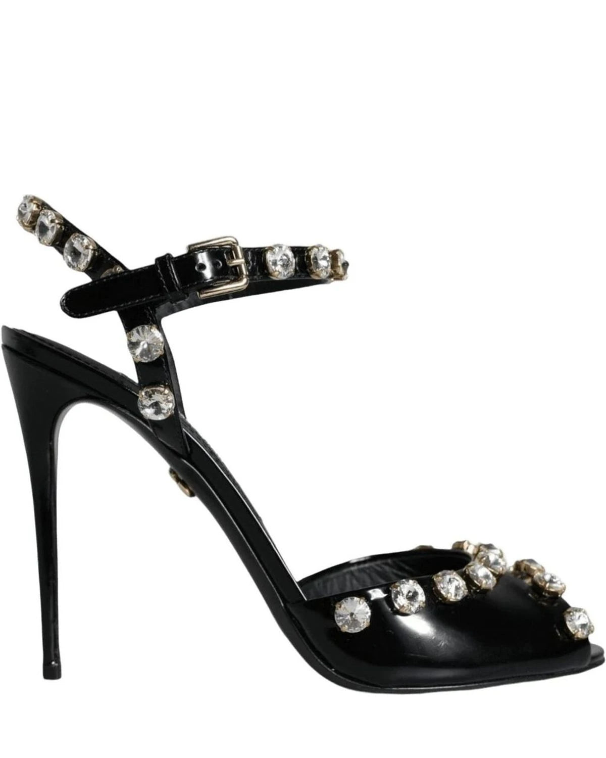 Dolce & Gabbana Black Leather Crystal Ankle Strap Sandals Shoes