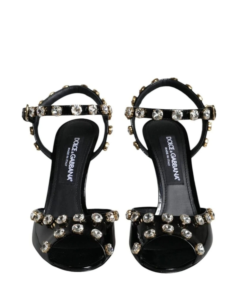Dolce & Gabbana Black Leather Crystal Ankle Strap Sandals Shoes Heels